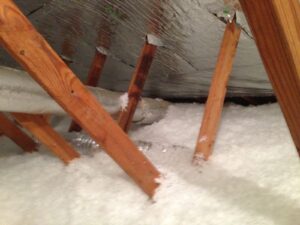 An attic space coated in fiberglass insulation